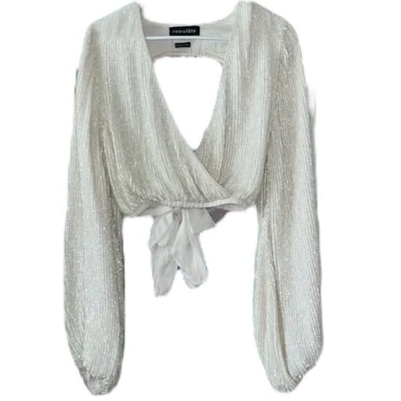 Retrofete Viva Moonglow White Sequin Wrap Top - Picture 7 of 16